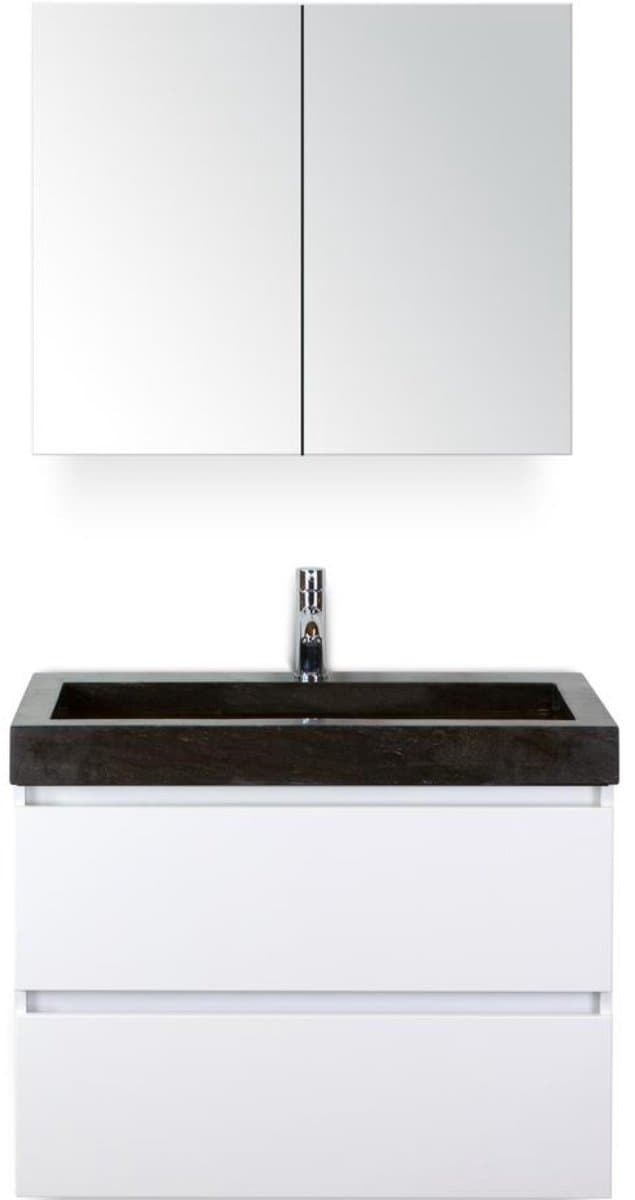 Maxx XL Badmeubelset 80 cm - Wit Hoogglans - Wastafel Lucca 1 Kraangat met Spiegelkast