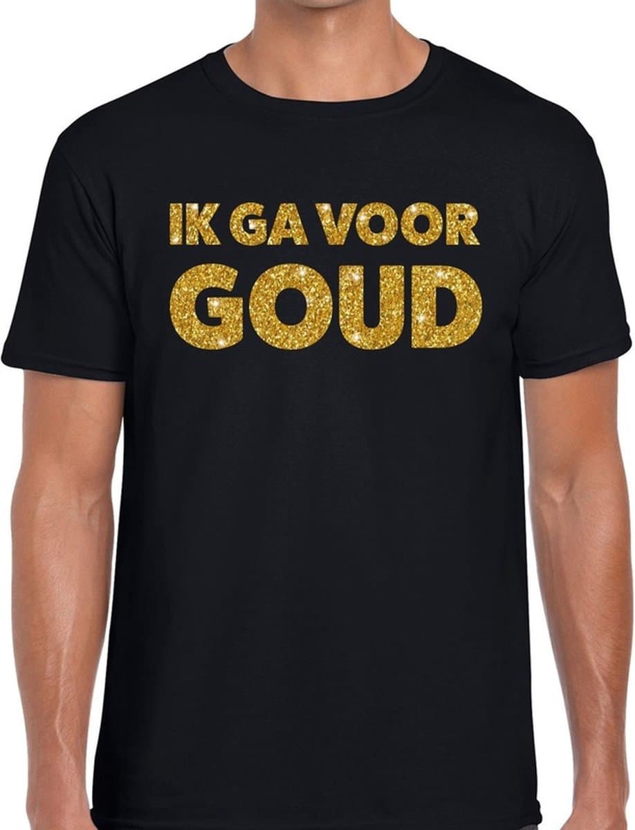 Feestkleding t-shirt - Ik ga voor Goud - gouden glitter letters - zwart - voor heren - Glitter and Glamour XXL