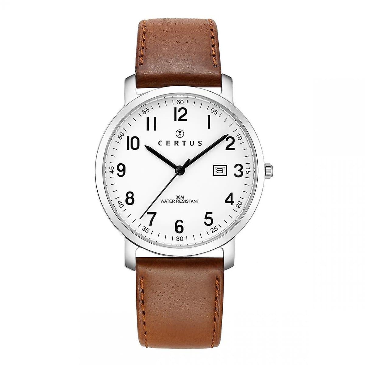 Certus-Duidelijk heren horloge-Datumaanduiding-Bruin lederen band.