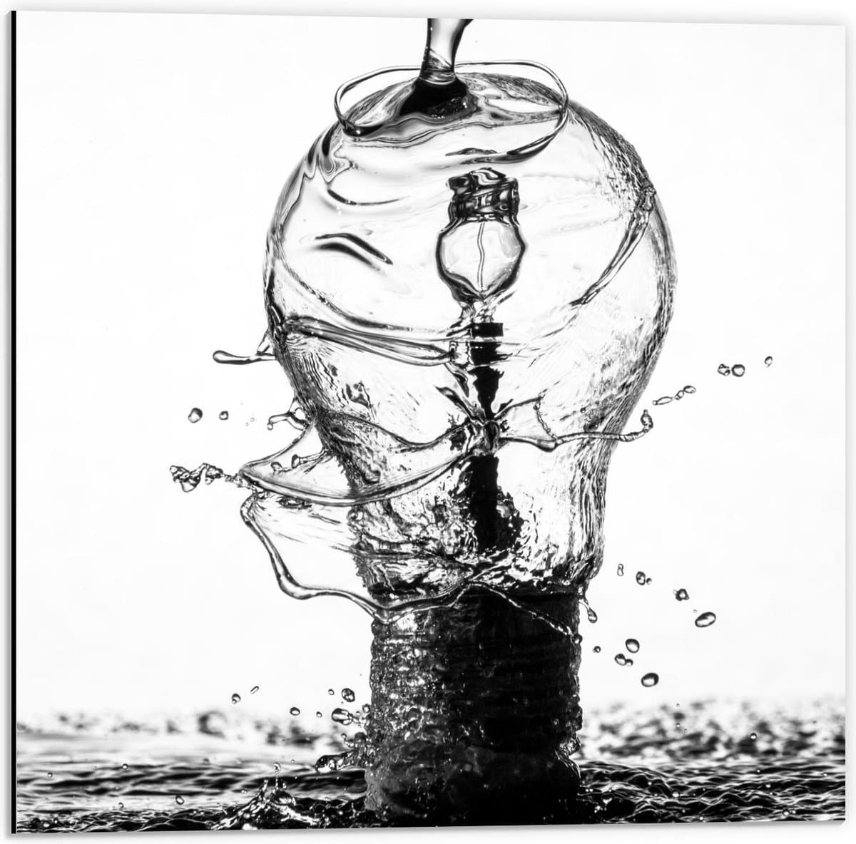 Dibond - Water over Gloeilamp (zwart/wit) - 50x50cm Foto op Aluminium (Wanddecoratie van metaal)