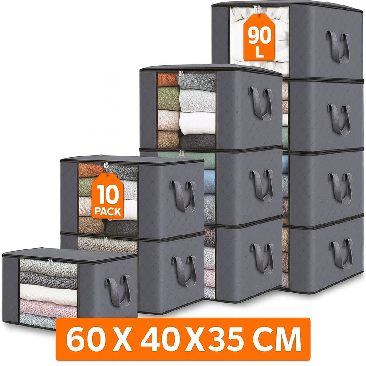 MeubelsvanJoep 10 stuks grote opbergdozen 90 liter, opbergdoos met deksel, versterkte handgreep, kleding, opbergtas, kledingdoos, verhuisdozen voor kleding, jurken, beddengoed, grijs