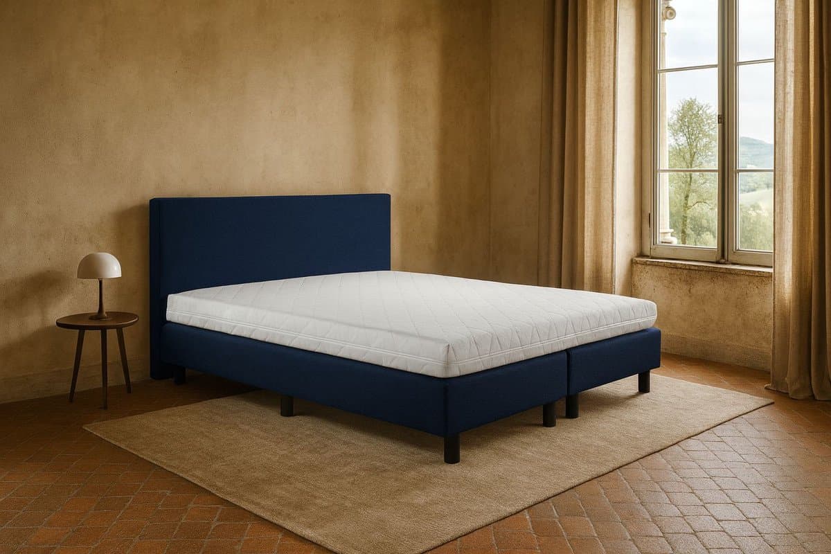 Boxspring Vendita vlak 100x190 cm Luxe Pocketvering Stof donkerblauw Gratis 2x Hoofdkussens