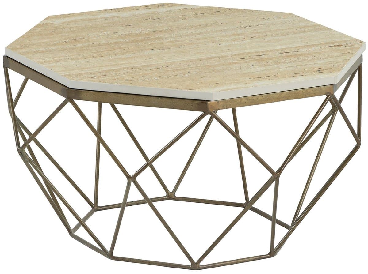 Handgemaakte salontafel DIAMOND 70cm beige travertijn messing ijzer - 45204