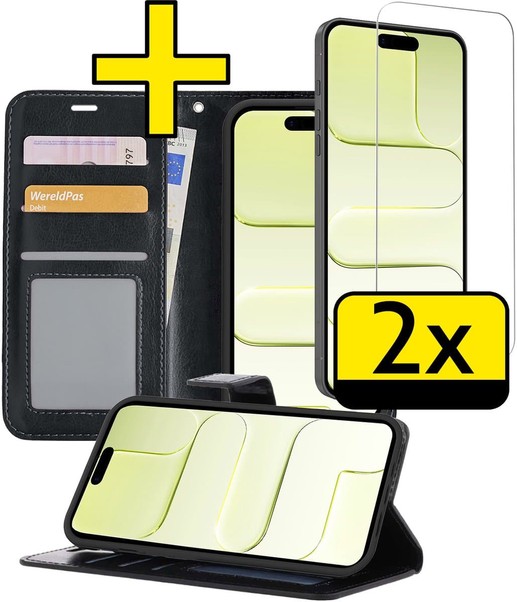 Hoesje - Met 2x Screenprotector - Geschikt voor Apple iPhone Air - Luxe Pasjeshouder - Bookcase Portemonee - Flip Case - Kunstleer Book Case - Flipcase Hoes - Book Cover - Walletcase - Portemonneehoes - Telefoonhoesjes - Zwart