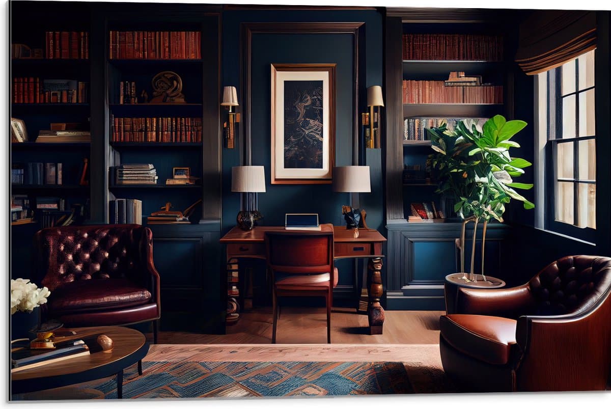 Dibond - Kamer - Bruin - Stoelen - Plant - Boeken - Kantoortje - 75x50 cm Foto op Aluminium (Wanddecoratie van metaal)