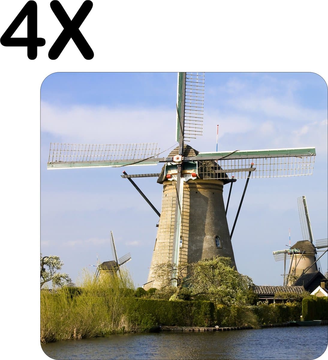 BWK Luxe Placemat - Nederlandse Molens aan het Water - Set van 4 Placemats - 50x50 cm - 2 mm dik Vinyl - Anti Slip - Afneembaar