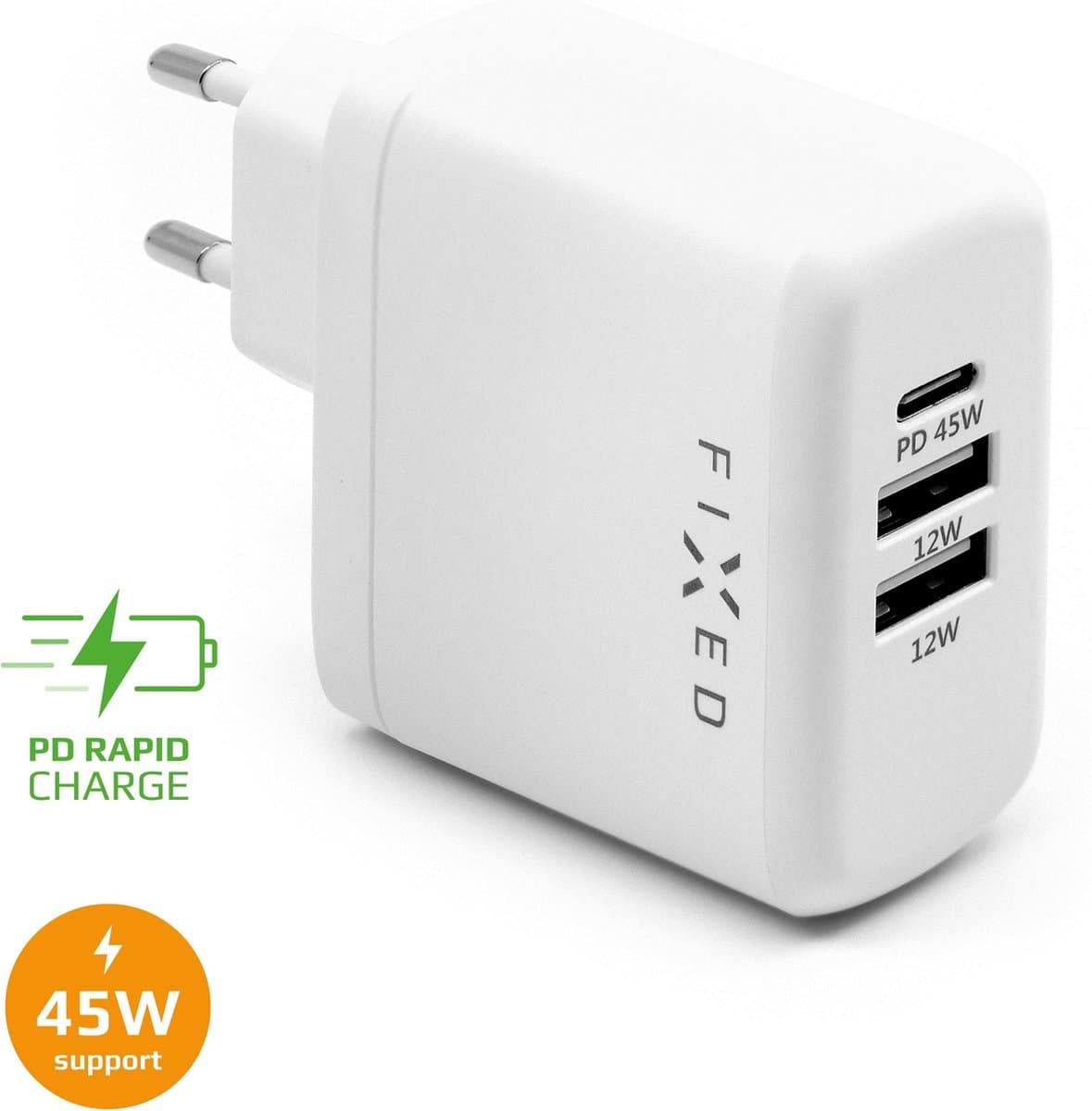 FIXED 45w lader met USB-C en 2x USB-A, PD-ondersteuning, 45W, Gecertificeerd