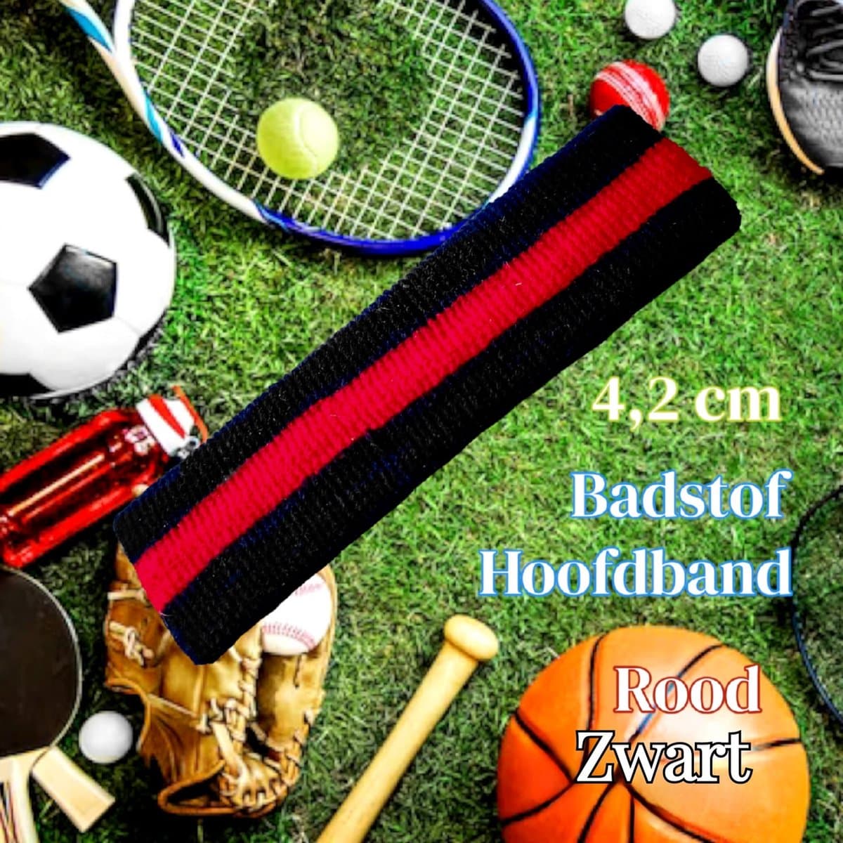 SPORT® - Gestreepte Zweetband Badstof Hoofdband Zwart Helder Rood - Breed 4,2 cm Volwassenen Jeugd - Casual Sport - Unisex - 1 stuk
