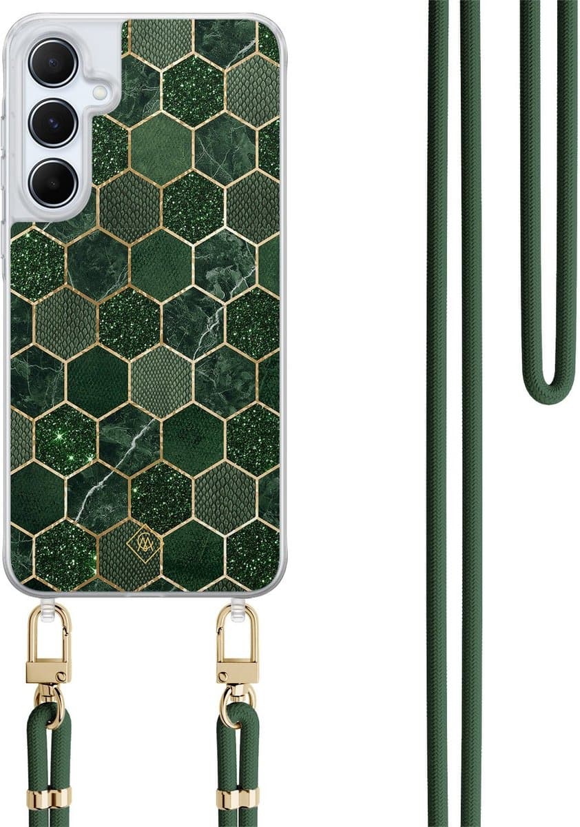 Casimoda® hoesje met koord - Geschikt voor Samsung A35 - Kubus Groen - Afneembaar koord - TPU/polycarbonaat - Groen