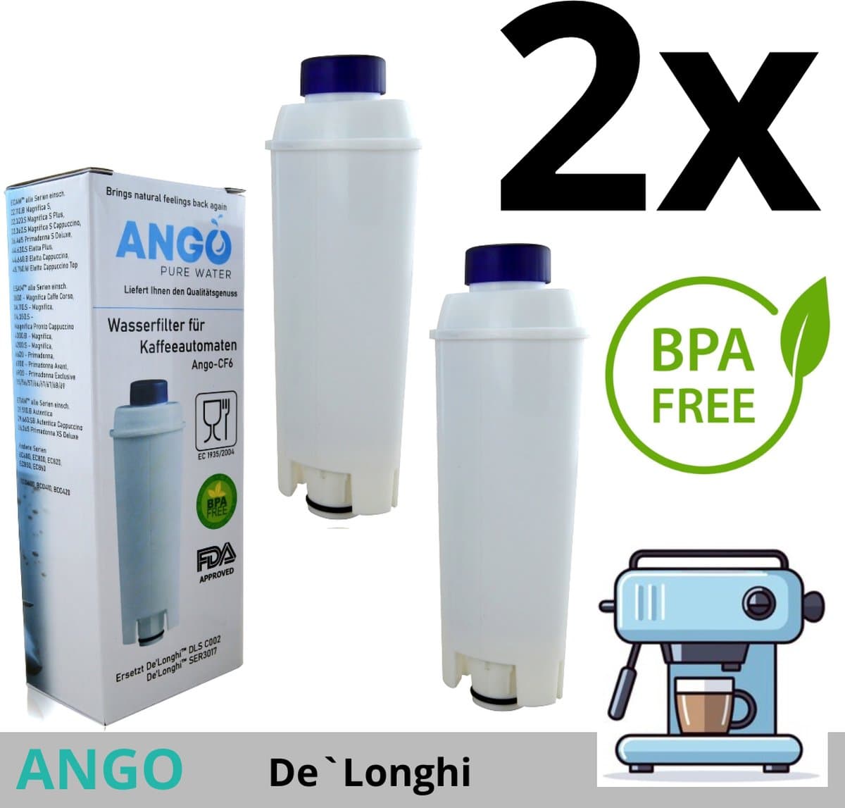 2 x ANGO waterfilter voor Delonghi koffiemachine. Vervanging voor DeLonghi DLS C002 / SER 3017.