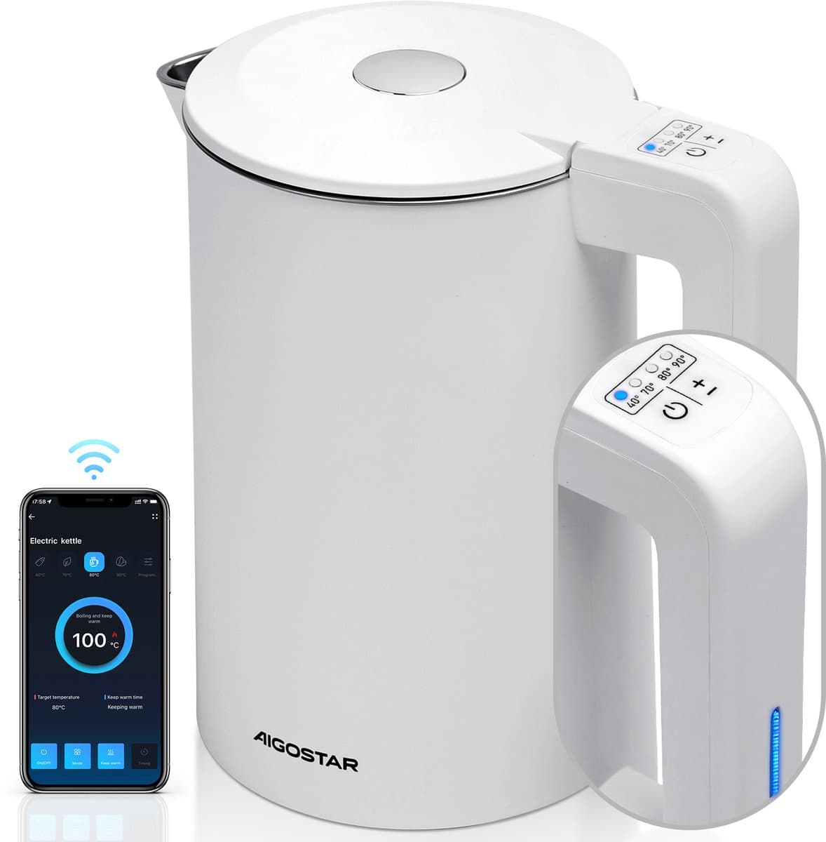 Aigostar 30NVZ - Smart Waterkoker - Temperatuurregeling - Warmhoudfunctie - Appbesturing - Dubbelwandig - Cool-touch - 1.7L - 2200W - Wit