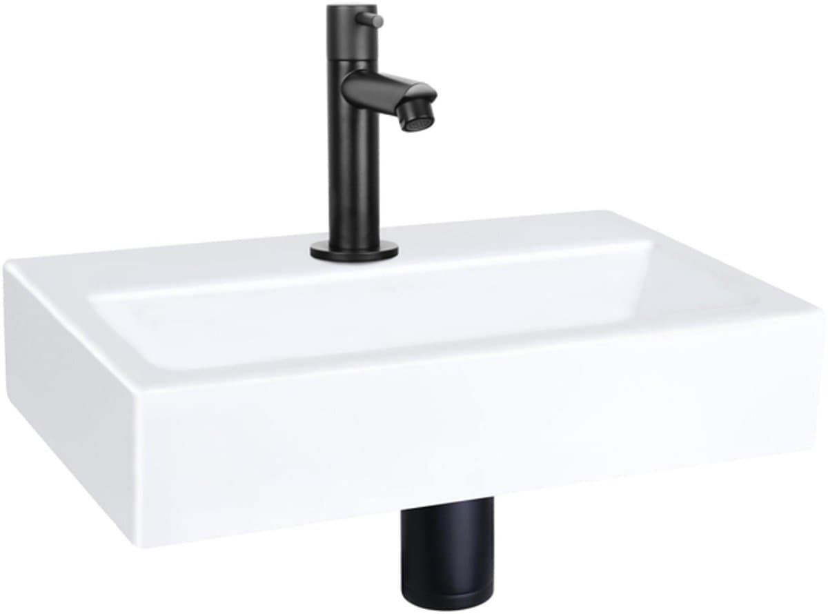 QeramiQ Fuente fonteinset - 38x24cm - 1 kraangat - keramiek - fonteinkraan zwart mat - glans wit