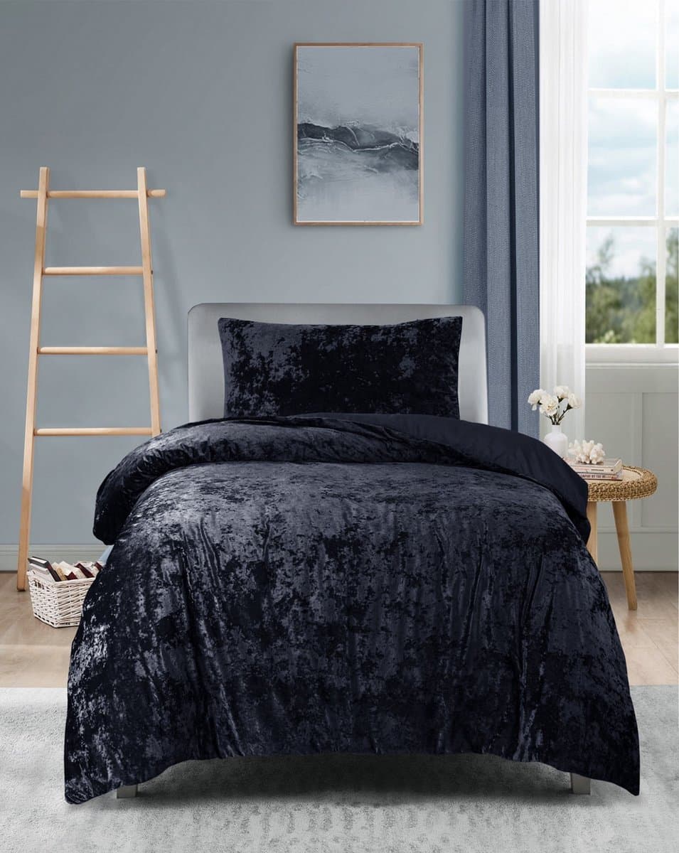 Princessdekbedovertrek Crushed Velvet -Soft Touch - Fluweel - Dekbedovertrek met Drukknopen- Eenpersoons - 140x200/220 + 1 kussensloop 60x70 -Zwart