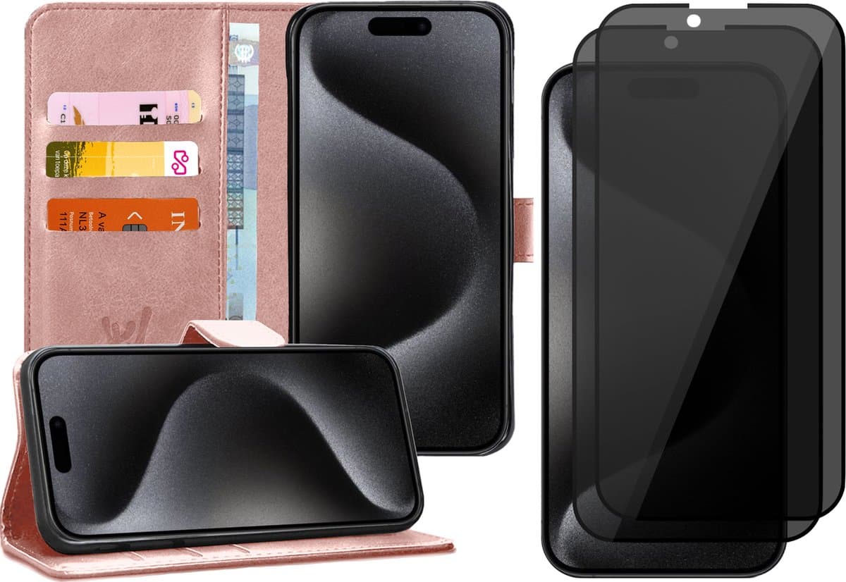 Hoesje geschikt voor iPhone 15 Pro - 2x Privacy Screen Protector FullGuard - Book Case Kunstleer Pasjeshouder Rosegoud & Screenprotector