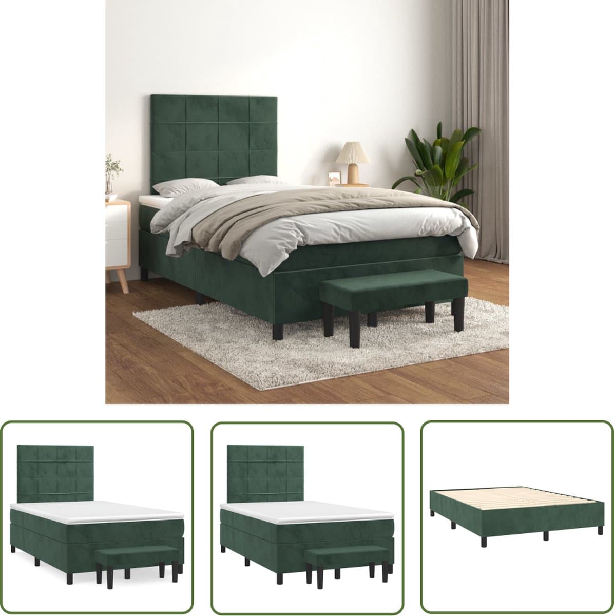 The Living Store boxspringbed Velvet - 120 x 200 cm - Donkergroen