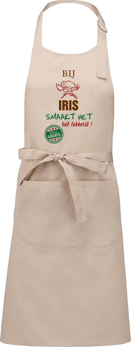 Naamcadeau - Naamschort - Keukenschort met je naam - Kookschort - verjaardag - moederdag - beige - het smaakt het lekkerst bij: Iris