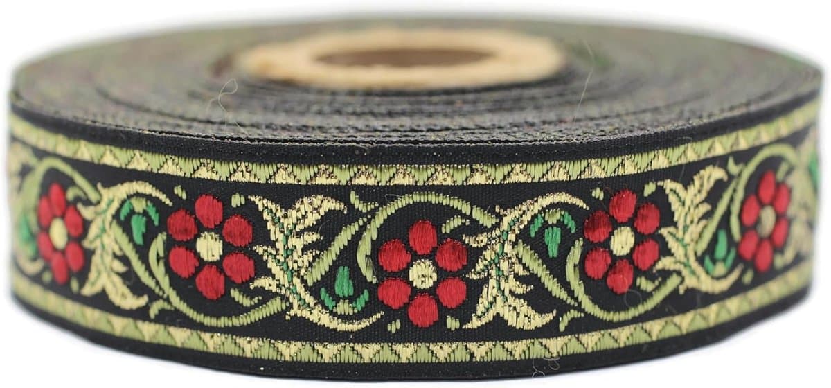Jacquard Lint - Borduurband Versiering - Kleding Versieren - Bayerse Bloem Motief - 10 Meter 22mm - Rood Goud