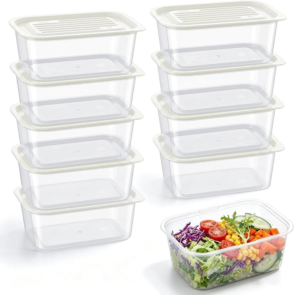 Set van 10 Vriezerdozen, 600 ml, Voedselveilig Plastic, Stapelbare Dozen met Deksel voor Maaltijdvoorbereiding, Ideaal voor Bewaren en Invriezen, 15 x 11 x 6 cm
