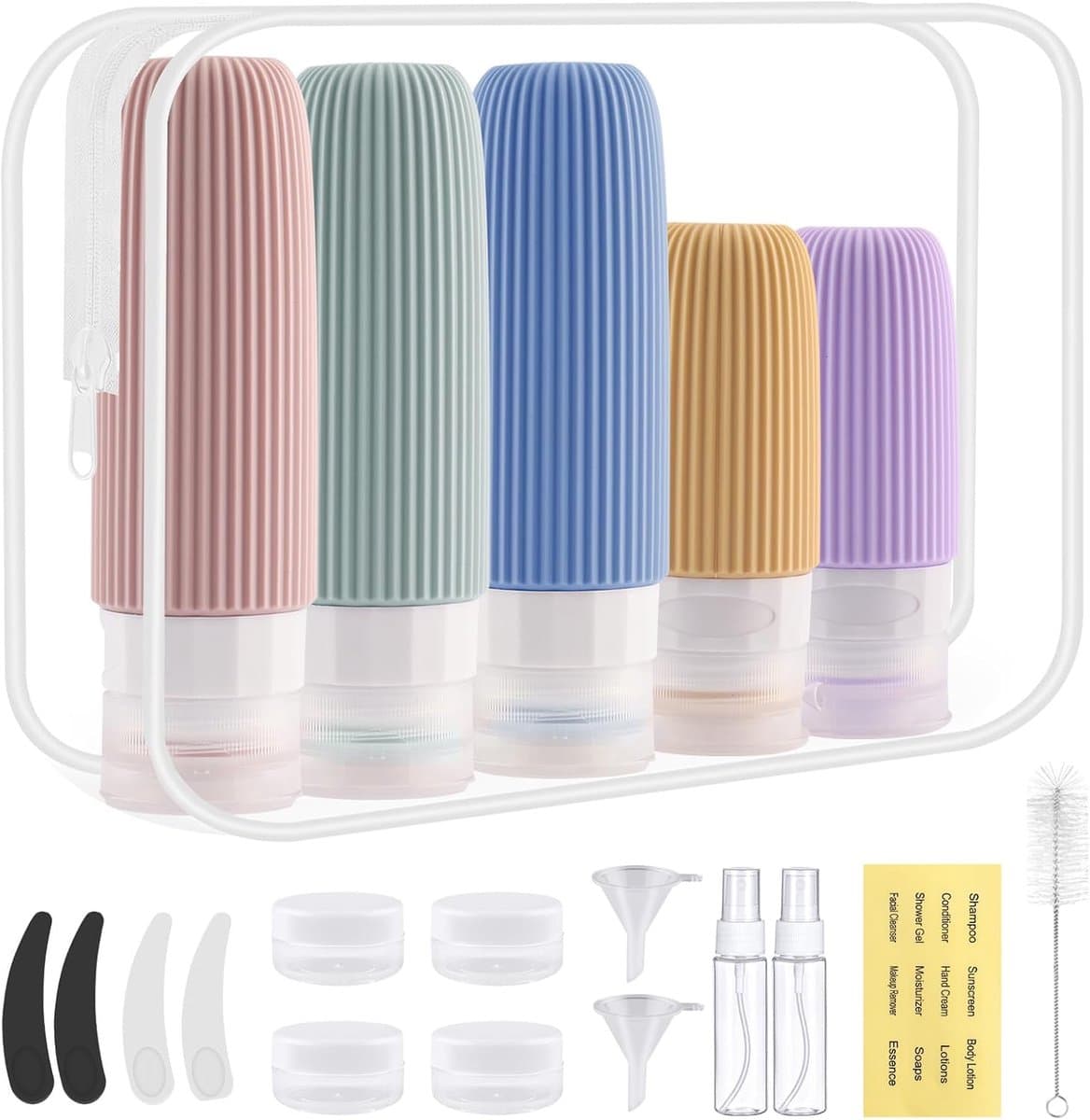 SnelShoppen - Travel Bottle voor Vliegtuig, 19 Stuks, Transparant, Silicone Herbruikbaar en Waterdicht, Lege Flessen voor Shampoo, Crème, Vloeistoffen
