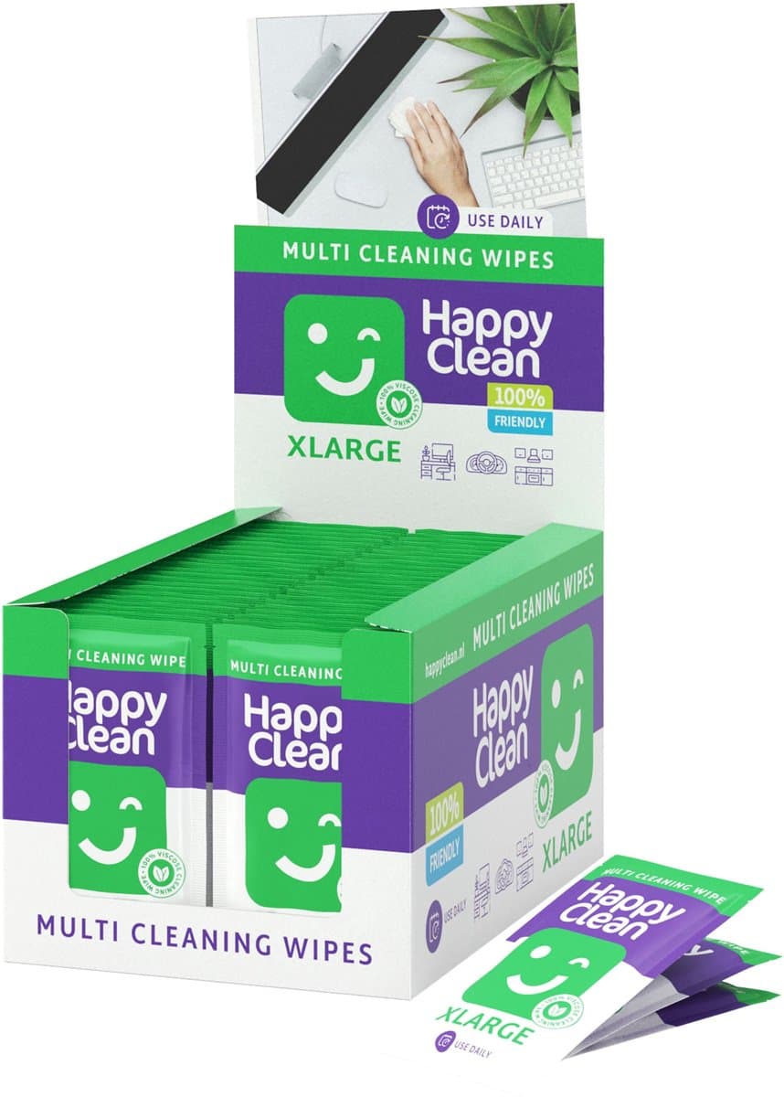 Happy Clean Premium Werkplek Reinigingdoekjes - 100 Stuks individueel verpakt - 100% Viscose - Vochtige schoonmaakdoekjes voor Bureau, Kantoor & Pantry