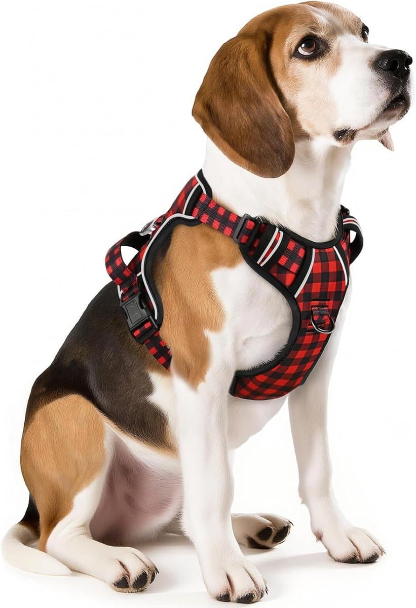 Hondentuig Hondenharnas voor Middelgrote Honden No Pull Hond Harnas met Handvat Hondentuig Reflecterende Verstelbare Huisdier Vest voor Buitentraining Wandelen, Plaid Zwart Rood, M