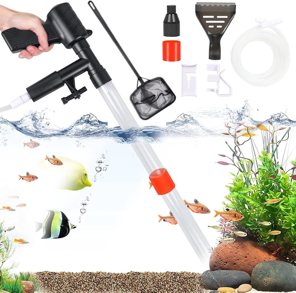 Aquarium Water Wisselaar - Mulm Stofzuiger - Aquarium Onderhoud - 5-in-1 Multifunctioneel - 220 cm Slang - Grijs