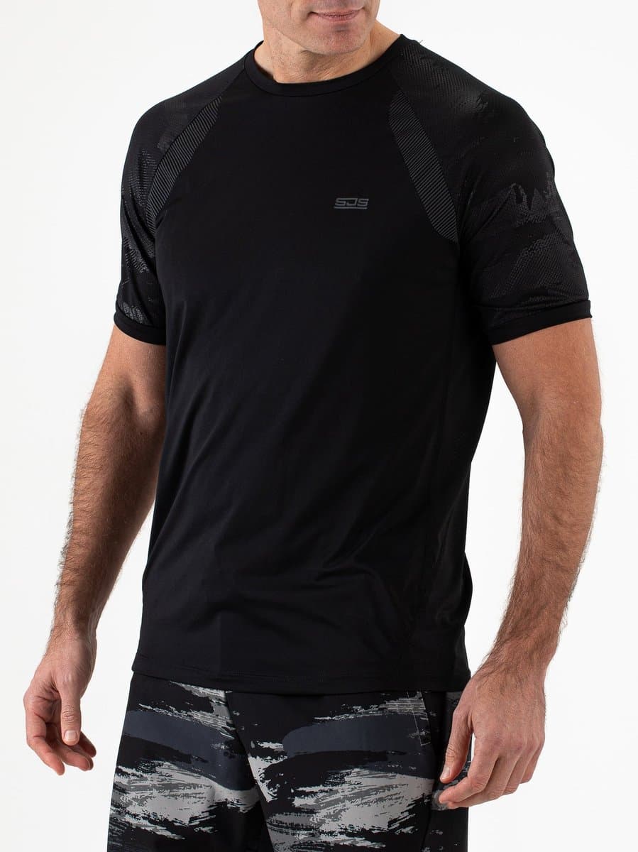 Sjeng Sports NAPIER Sportshirt Heren- Zwart - Mesh inzetten en all-over print - Tennis en Fitness - sneldrogend en ademend