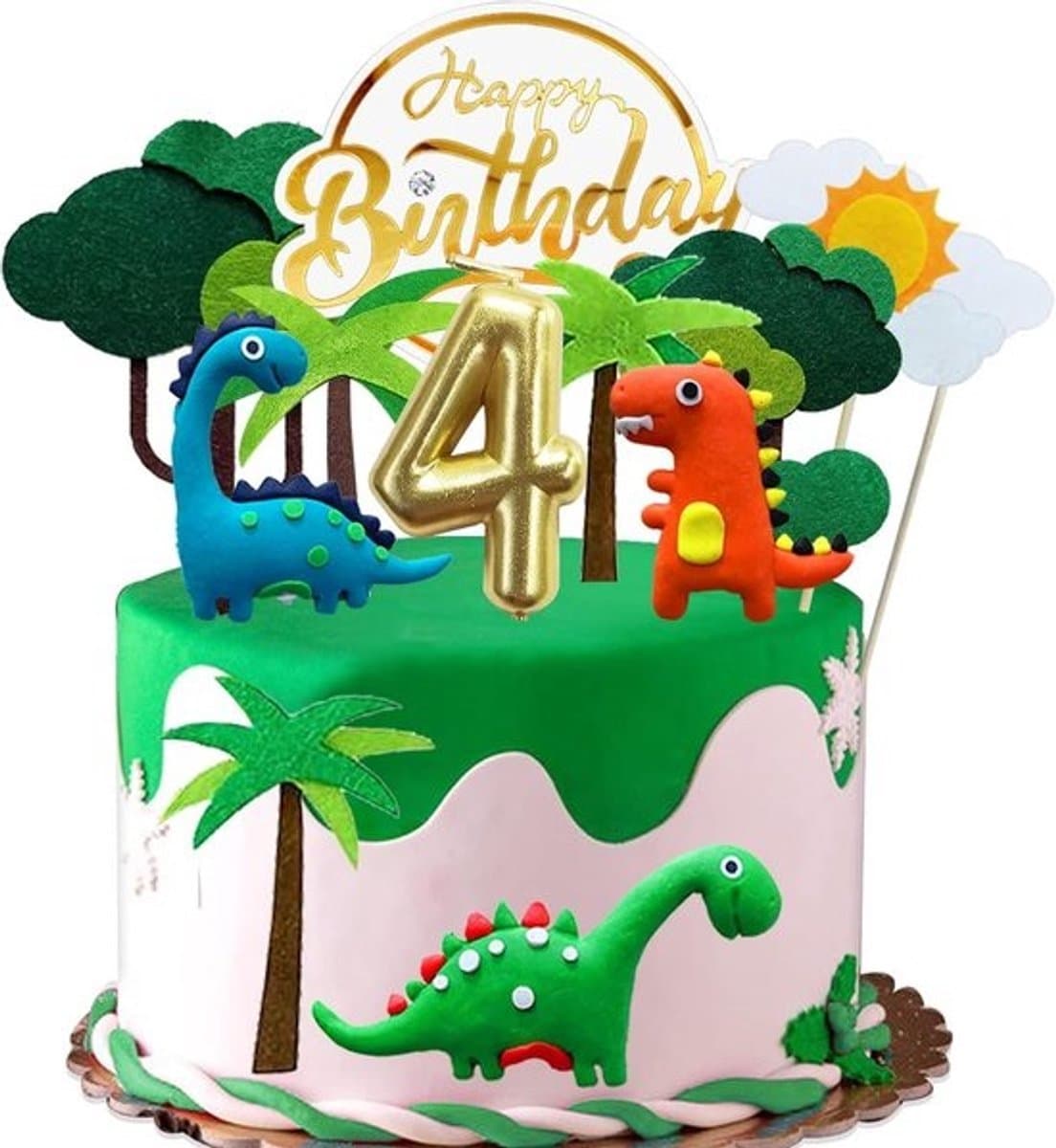 Dinosaurus Taartdecoratie Set met Kaars voor Jongens en Kinderen, 4e Verjaardag