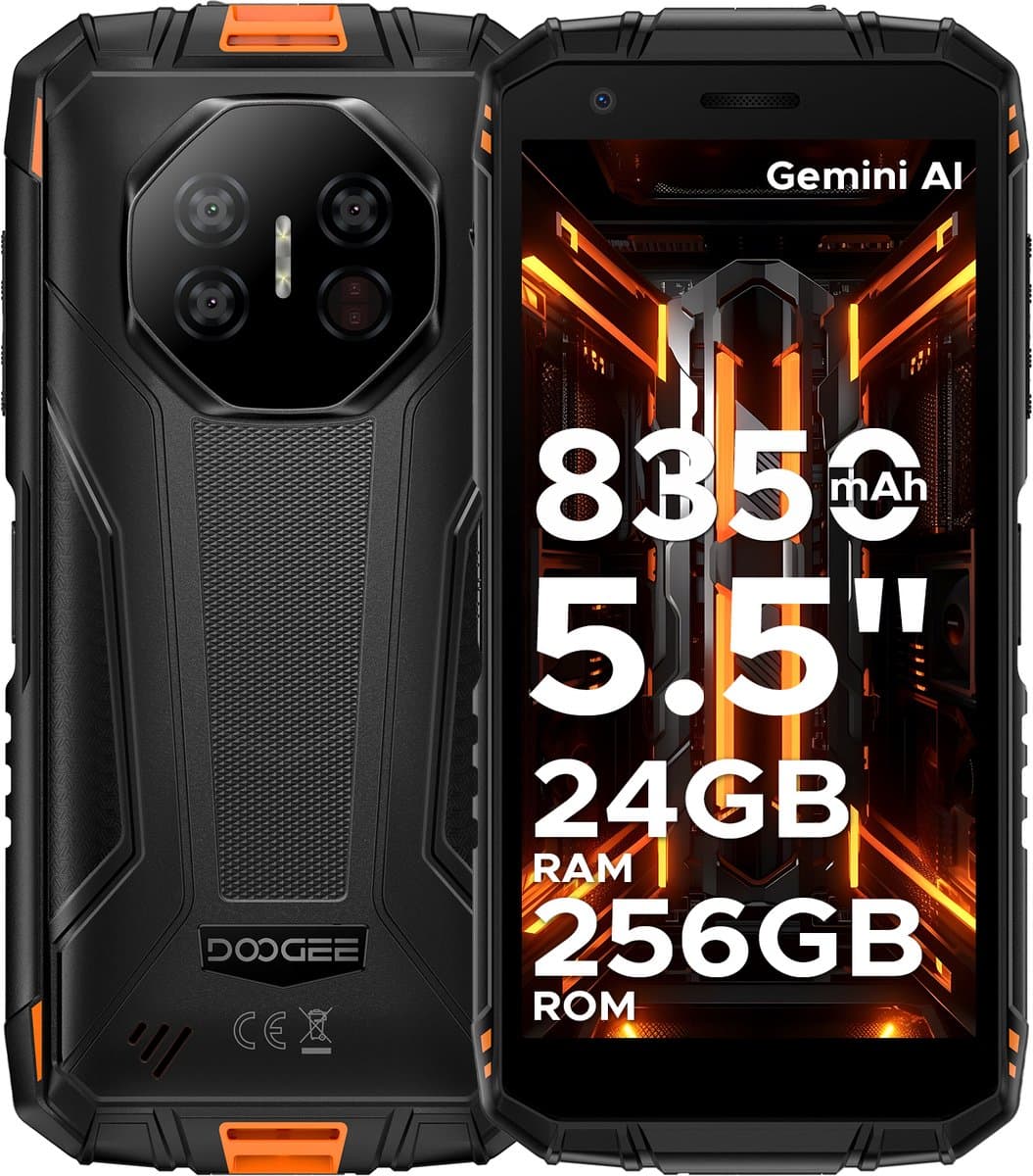 DOOGEE Fire 3 Ultra 4G- AI Outdoor telefoon - Robuuste Smartphone - Android 15 -24 GB RAM+256 GB ROM/2 TB TF - 8350 mAh/18W -Unisoc T7200 -5,5-inch HD -NFC + Face ID + Vingerafdrukscanner-Oranje