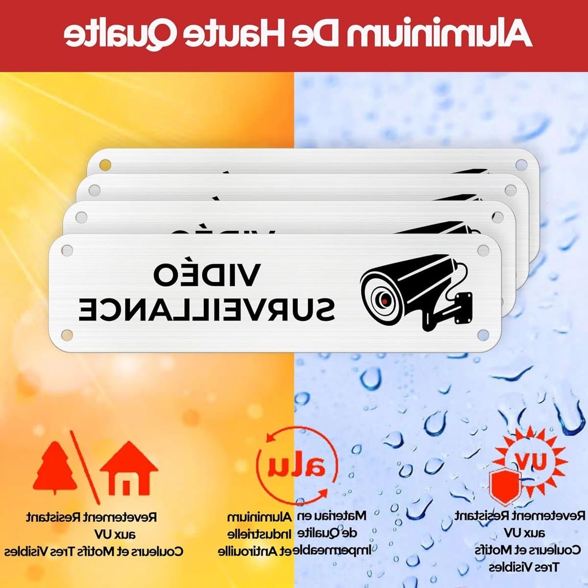 Beveiligingsbord Camera Toezicht 4 Stuks - 15x5 cm - Voor Binnen en Buiten - Aluminium Waarschuwingsbord