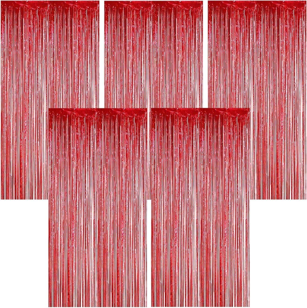Franje Gordijnen - Lametta Gordijn Folie - Feest Decoratie - Dubbelzijdig Plakband - 5 stuks 1x2m - Metallic Rood