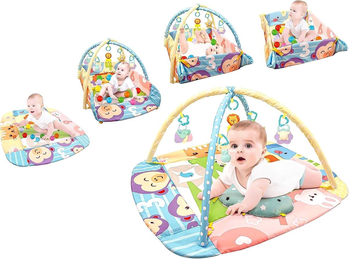 Speelkleed Baby met Boog - Buikligtrainer - 110 x 95 cm - Buiktrainer Baby - Inclusief 30 ballen - Tummy Time - Speelmat Baby - Speelboog - Babygym