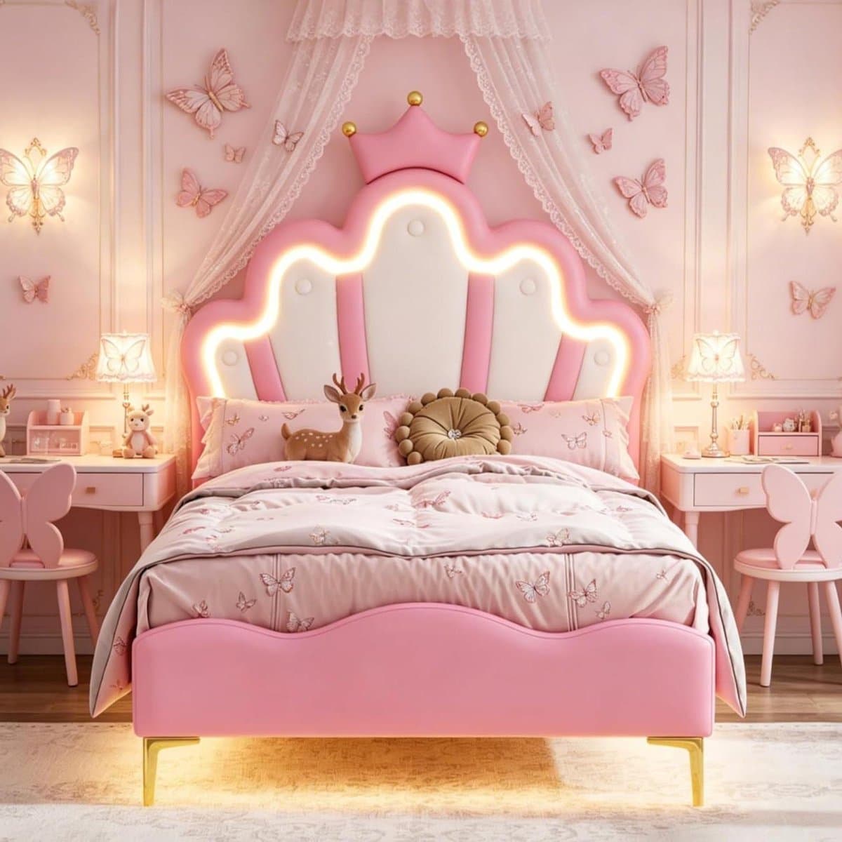 Kinderbed Gestoffeerd - Jeugdbed Meisjesbed - Slaapkamer Inrichten - Verstelbaar Led Hoofdeinde - 90x200 cm - Roze
