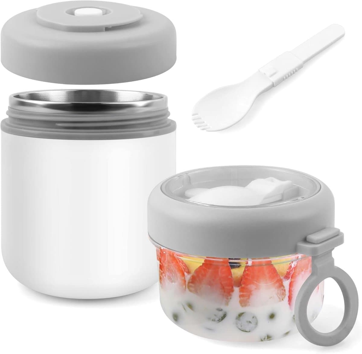 Stainless Steel Cereal Cup to Go 2-in-1 Yogurt Cup to Go with Spoon, 530 ml + 330 ml, Portable Leakproof Cereal Mug, Suitable for Freezer, Dishwasher, Adults (White)