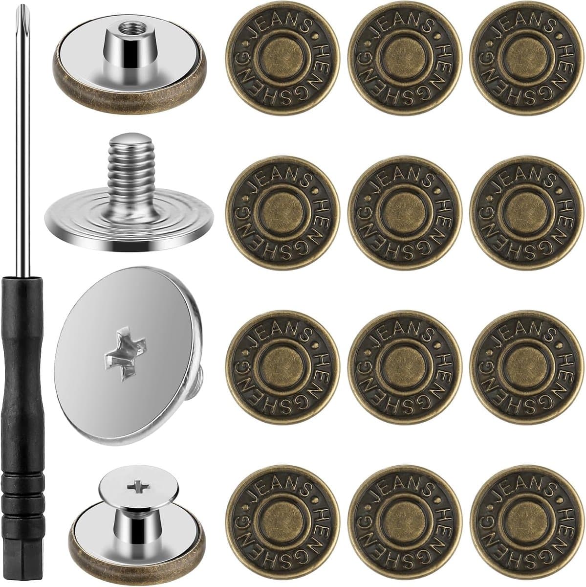 Jeans Knopen Set - Verstelbare Jeansknopen Zonder Naaien - 12 Stuks 15 mm - Legering Met Schroevendraaier - Voor Broek Reparatie En DIY - Brons En Zilver