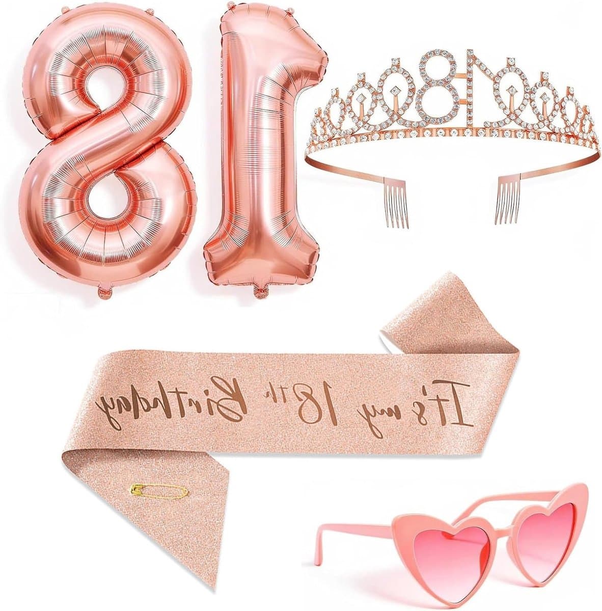 Roségouden decoratie set voor 18e verjaardag van meisjes met ballonnen, kroon en sjerp, feestelijke verjaardag versiering en cadeaus voor een onvergetelijke dag