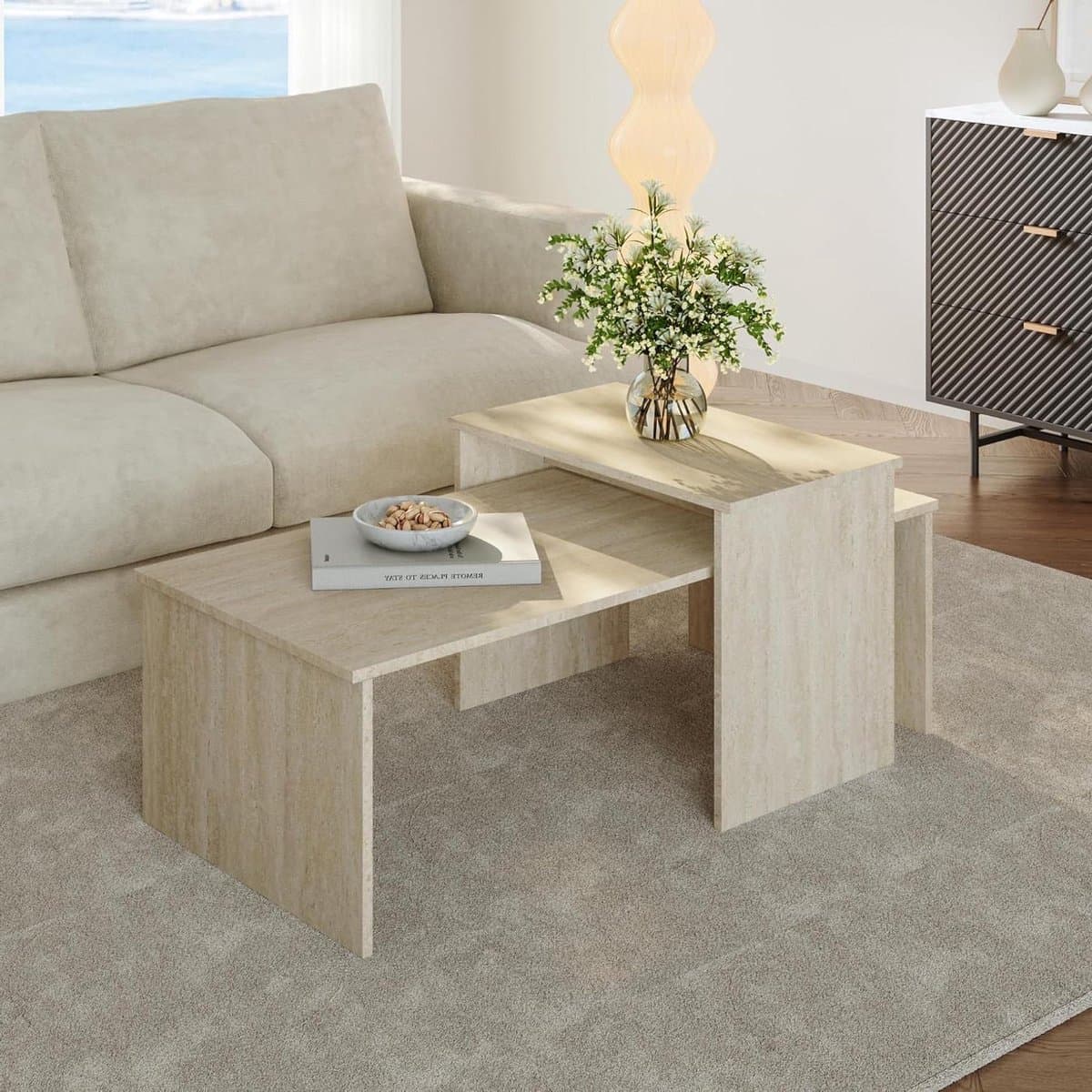 Salontafel set - Bijzettafels woonkamer - Ruimtebesparend wonen - In elkaar schuifbaar ontwerp - Set van 2 - Travertijn