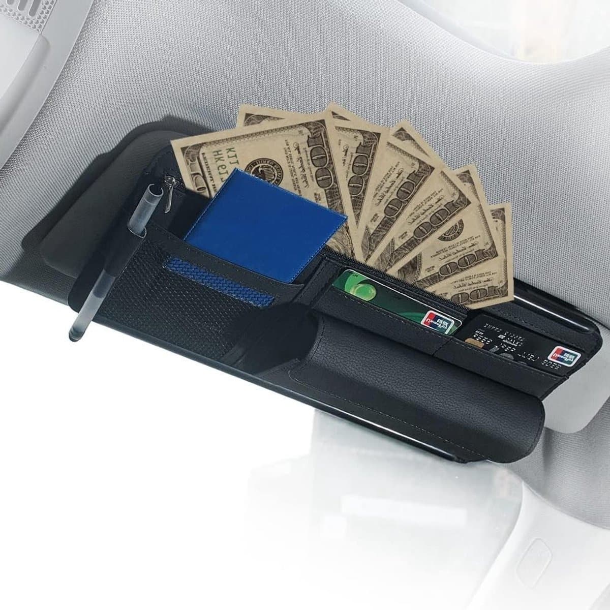 Auto Zonnevisor Organizer voor Interieur, Multifunctionele Pocket Organizer met Net en Ritssluiting voor Kaarten, Sleutels, Documenten en Zonnebrillen
