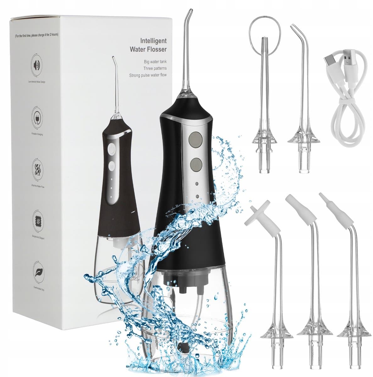 Draadloze Monddouche - 5 Opzetstukken & 3 Standen met 300ml Tank - Zwart (IPX6 Waterdicht)