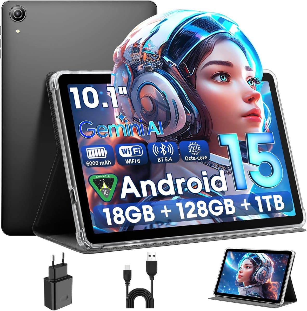 10 Inch Tablet met Android 15, 18GB RAM en 128GB Opslag, Uitbreidbaar tot 1TB