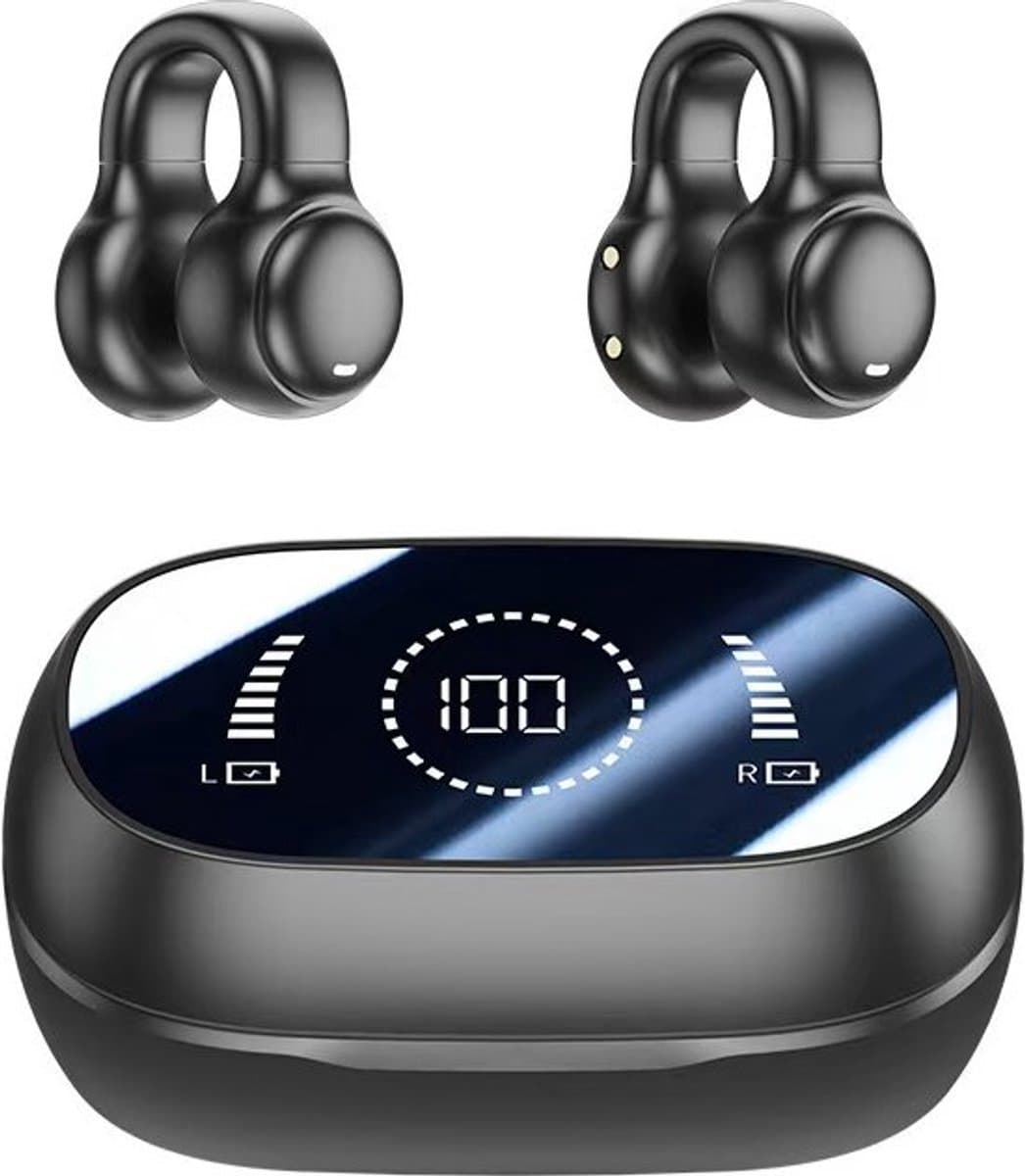 Draadloze Oordopjes- bluetooth oordopjes-Clip on design -sporthoofdtelefoon-Bluetooth5.3- draadloos - DT4.0 directionele geluidsoverdracht -120 uur batterijduur-Digitaal HD-scherm-Niet moe na langdurig dragen - zwart