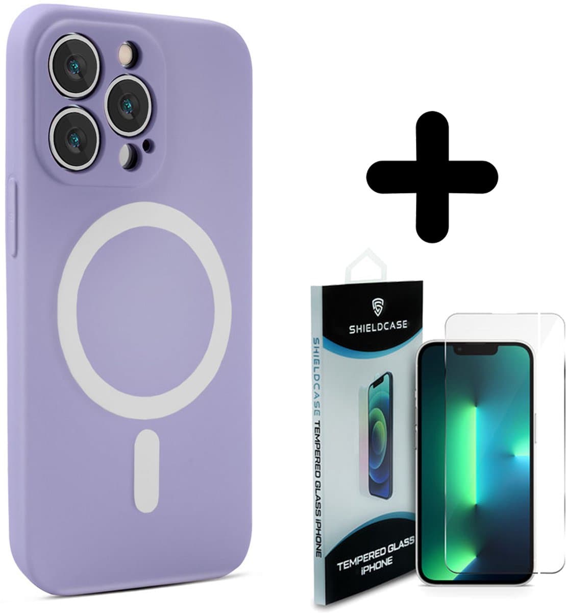 ShieldCase geschikt voor iPhone 14 Pro Max Magneet hoesje siliconen zijde (lila) + ShieldCase screenprotector - beschermglas iPhone bescherming - iPhone case bescherm hoesje + Screenprotector