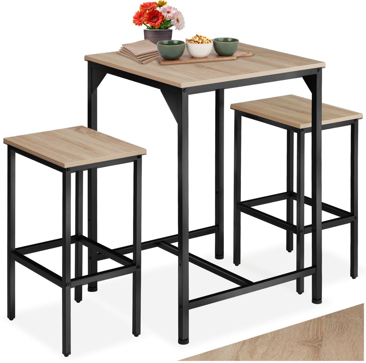 tectake® Bartafelset 3-delig - Bartafel met 2 barkrukken - Bistro bartafel met kruk - Industrieel Design - Zwart metalen frame - Draagkracht tafel 75 kg kruk 120 kg - Afmeting (LxBxH) tafel 60 x 60 x 91 cm kruk 40 x 30 x 66 cm - Lichtbruin