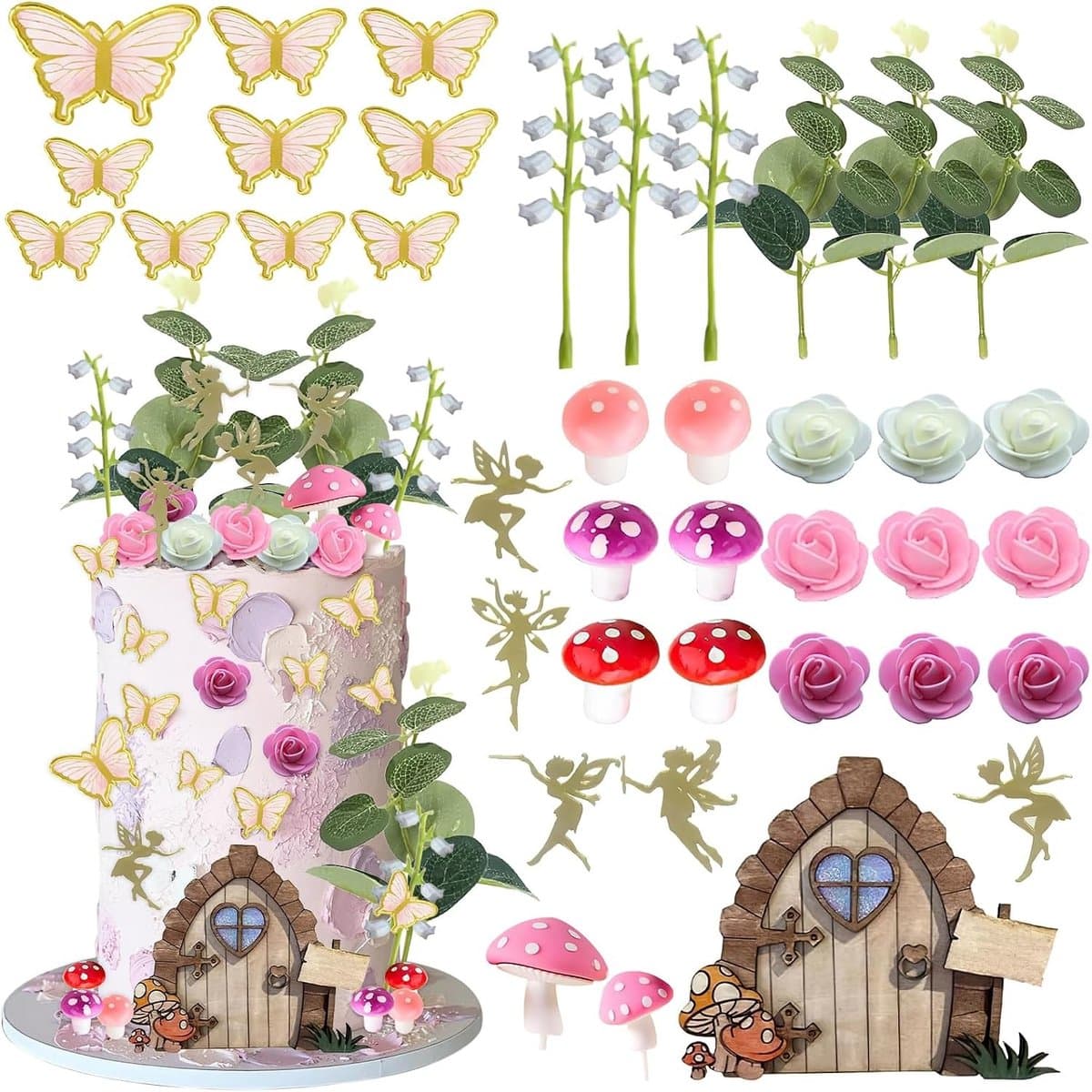 Vrolijke Taartdecoratie voor Meisjes met Paddenstoelen en Vlinders - Mini Decoratie voor Verjaardagen, Bruiloften en DIY Taarten