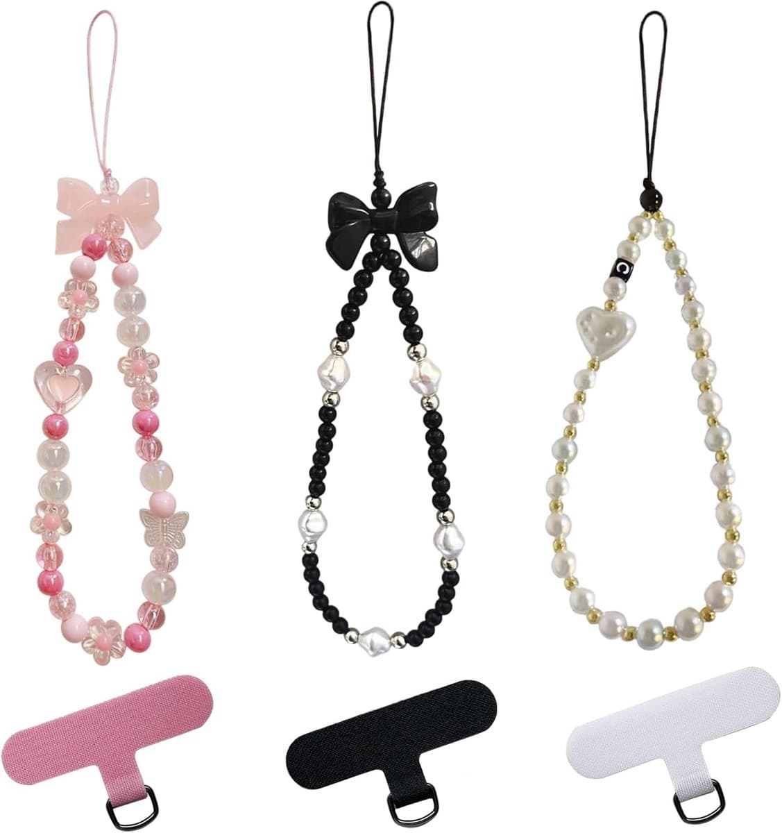 Pakket van 3 kralen telefoonband, draagbare telefoonketting, telefoonarmband, kralen mobiele telefoonband voor vrouwen meisjes met 3 universele patches