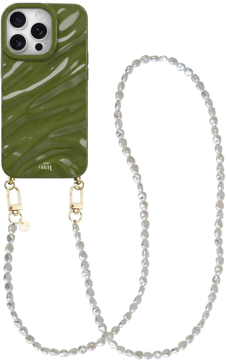 xoxo Wildhearts Glaze Cord Case Groen - Geschikt voor iPhone 15 Pro Max - Pearlfection - Lang koord - Glimmend siliconen telefoonhoesje met plooien - Dream hoesje met koord - Parelketting - Telefoonkoord