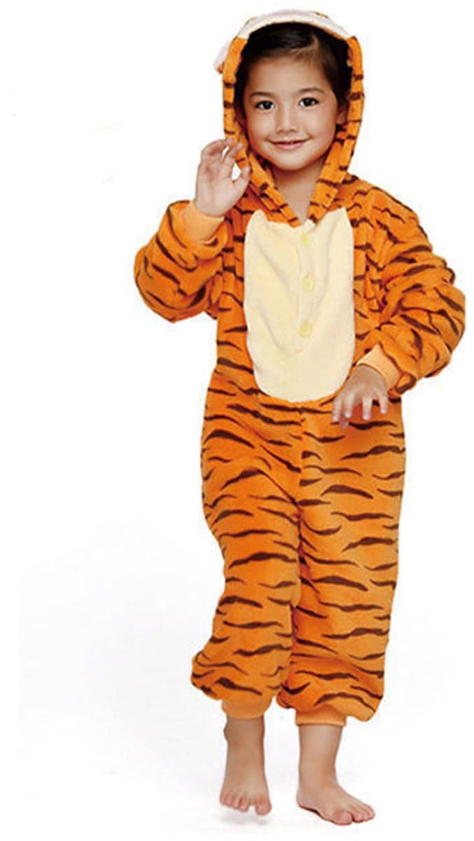 KIMU® Onesie Tijgertje Pak Kostuum Oranje - Maat 152-158 - Tijger Tijgerpakje Pyjama Jumpsuit Peuter Pakje - Panter Luipaard Boxpakje Fleece Festival