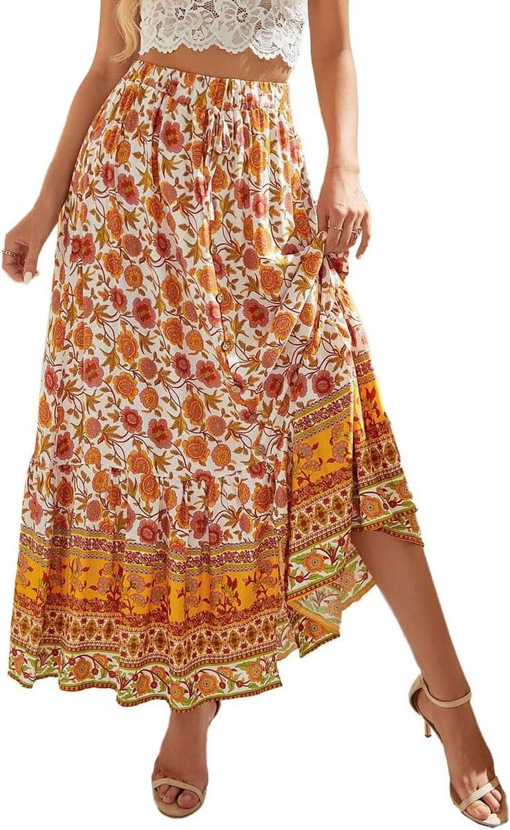 Boho Maxirok Dames met Hoge Taille – Elegante Plissé Swingrok in Geel en Oranje – Casual Zomerlook voor Elke Gelegenheid