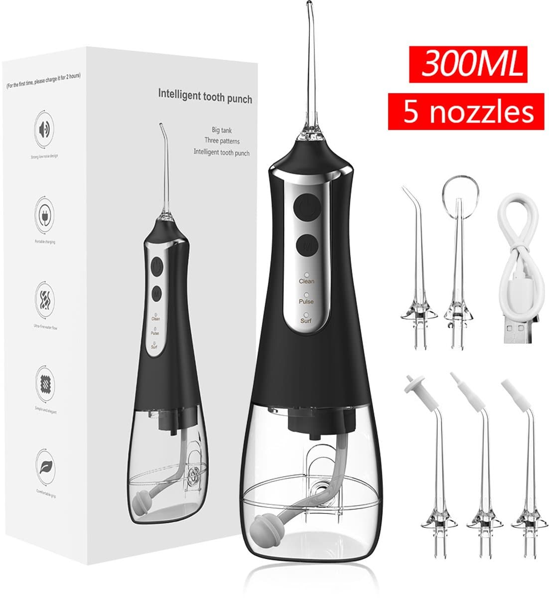 Kraftverdia - Waterflosser - Elektrische mondflosser van 300 ml - Monddouche - Flos - Flosser - Waterflosser draadloos - Tanden & Beugels reinigen - Geschikt voor op reis en thuisgebruik - Zwart