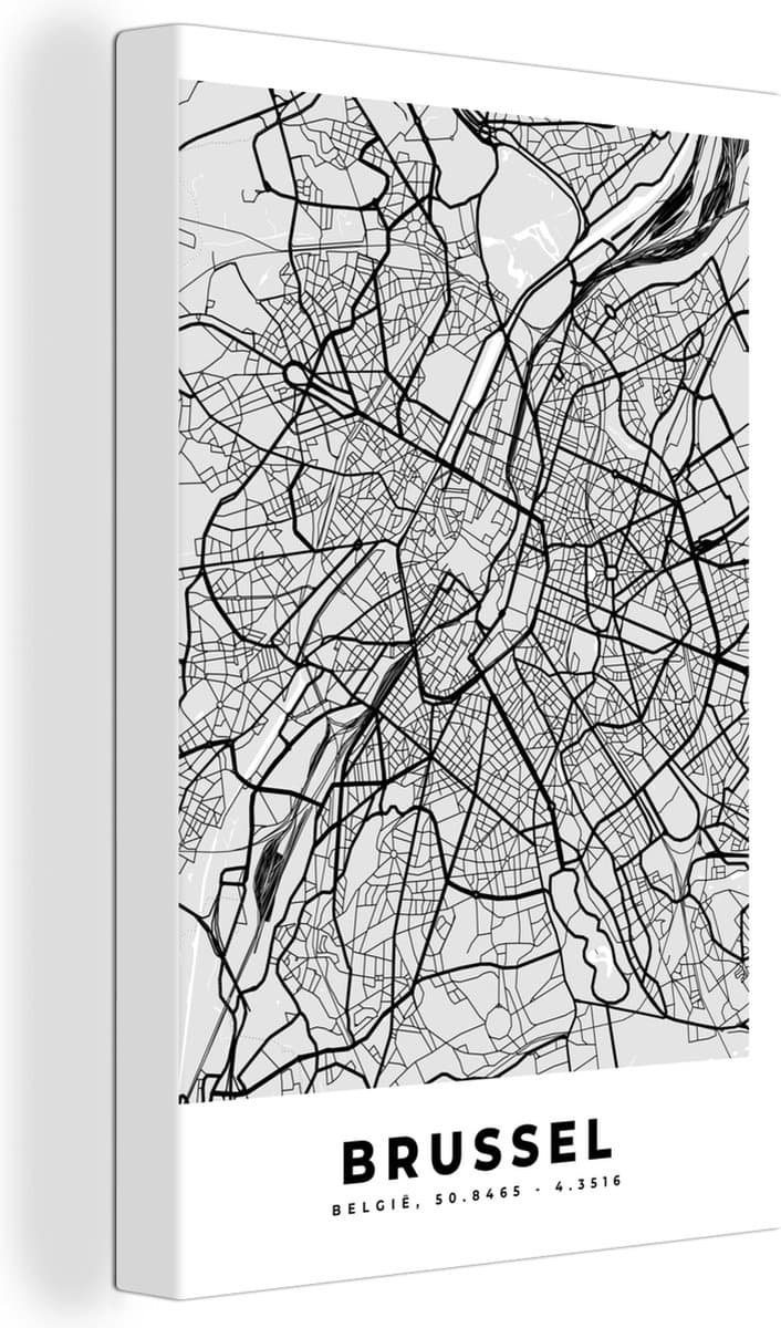 Canvas Schilderij België – Brussel – Stadskaart – Kaart – Zwart Wit – Plattegrond - 60x90 cm - Wanddecoratie